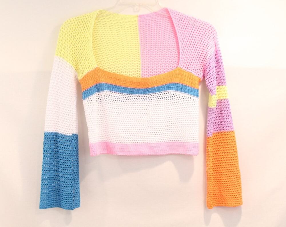 Womens Crocheted Cropped Sweater size S Neon Colorblock Flared Sleeves Pullover